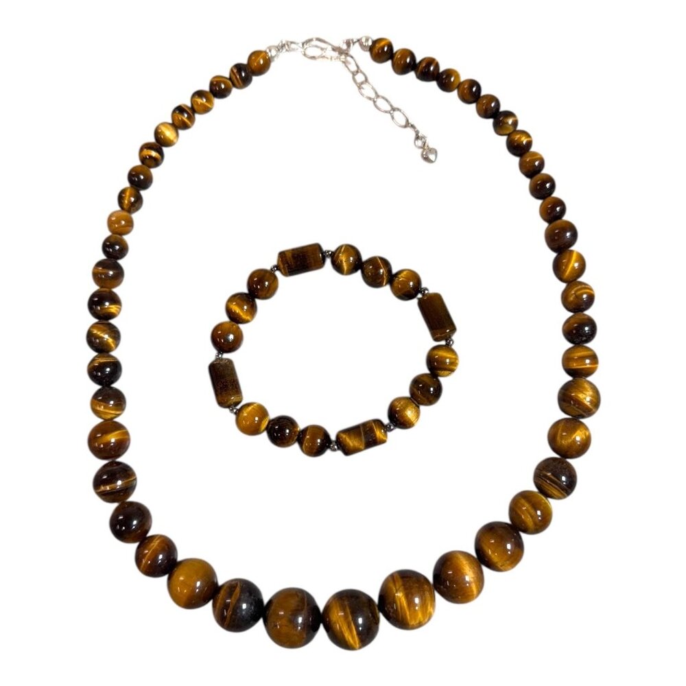 Jay King Tigers Eye Beaded Necklace & Bracelet Set DTR Sterling Silver Clasp Lot